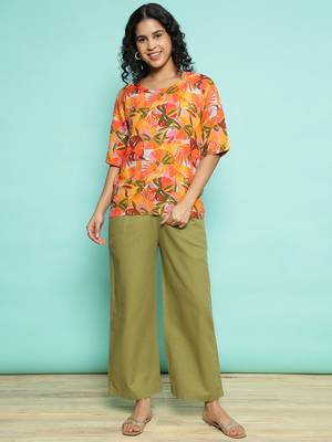 Senorita orange&olive green 100% linen  printed co-ord set - regular fit, half sleeve 1