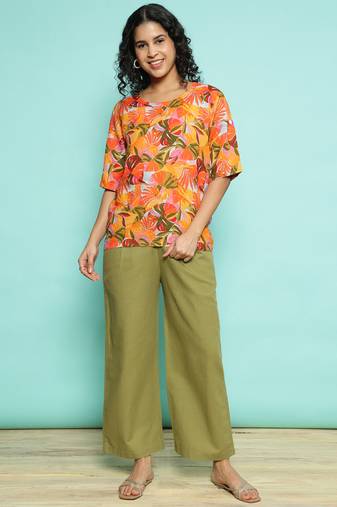 Senorita orange&olive green 100% linen  printed co-ord set - regular fit, half sleeve