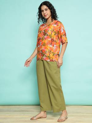 Senorita orange&olive green 100% linen  printed co-ord set - regular fit, half sleeve 2