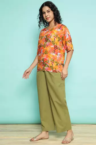 Senorita orange&olive green 100% linen  printed co-ord set - regular fit, half sleeve