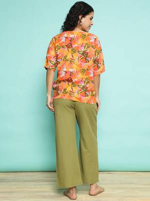 Senorita orange&olive green 100% linen  printed co-ord set - regular fit, half sleeve 3