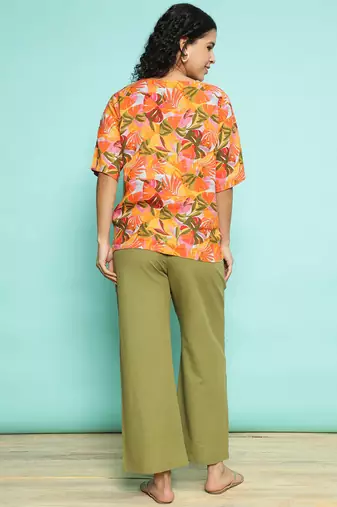 Senorita orange&olive green 100% linen  printed co-ord set - regular fit, half sleeve