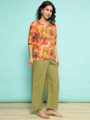 Senorita orange&olive green 100% linen  printed co-ord set - regular fit, half sleeve 4