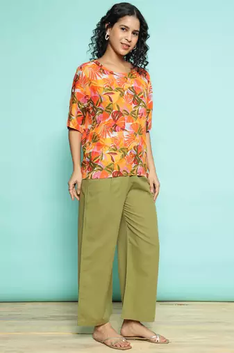 Senorita orange&olive green 100% linen  printed co-ord set - regular fit, half sleeve