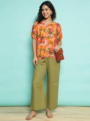 Senorita orange&olive green 100% linen  printed co-ord set - regular fit, half sleeve 5