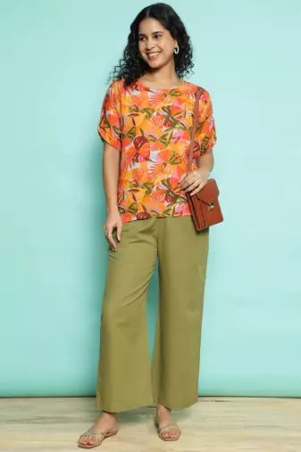 Senorita orange&olive green 100% linen  printed co-ord set - regular fit, half sleeve