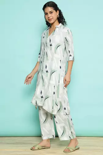 Senorita light green modal printed co-ord set - regular fit, full sleeve