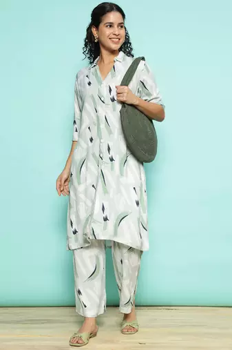 Senorita light green modal printed co-ord set - regular fit, full sleeve