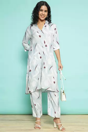 Senorita light blue modal printed co-ord set - regular fit, full sleeve
