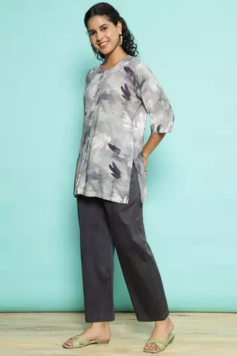 Senorita light grey modal printed co-ord set - regular fit, full sleeve