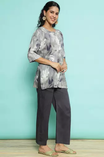 Senorita light grey modal printed co-ord set - regular fit, full sleeve
