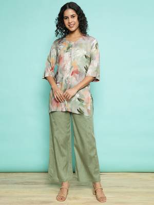 Senorita olive green modal printed co-ord set - regular fit, full sleeve 1