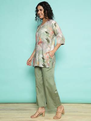 Senorita olive green modal printed co-ord set - regular fit, full sleeve 2
