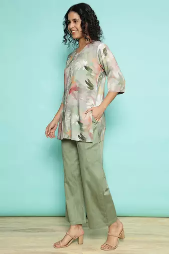 Senorita olive green modal printed co-ord set - regular fit, full sleeve