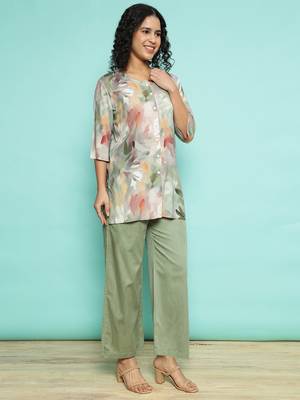 Senorita olive green modal printed co-ord set - regular fit, full sleeve 4
