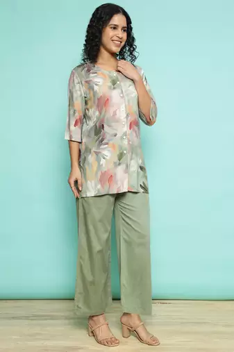 Senorita olive green modal printed co-ord set - regular fit, full sleeve