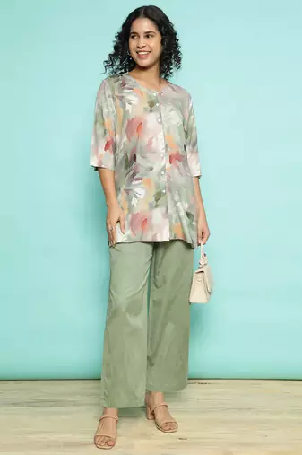 Senorita olive green modal printed co-ord set - regular fit, full sleeve
