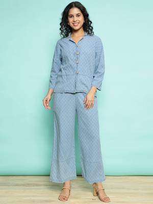 Senorita sky blue 100%cotton solid co-ord set - loose fit, full sleeve 1
