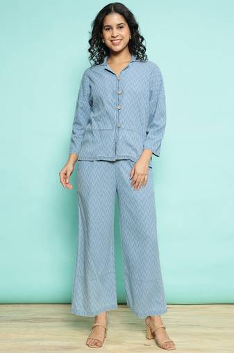 Senorita sky blue 100%cotton solid co-ord set - loose fit, full sleeve