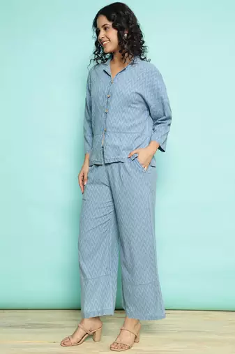 Senorita sky blue 100%cotton solid co-ord set - loose fit, full sleeve