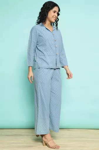 Senorita sky blue 100%cotton solid co-ord set - loose fit, full sleeve
