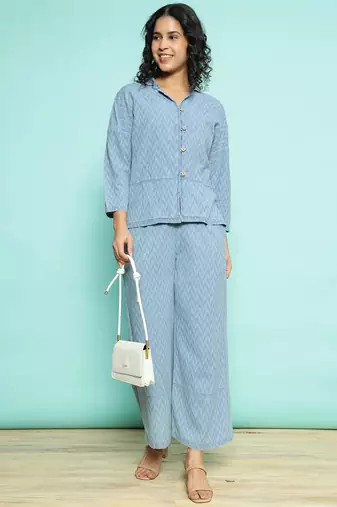 Senorita sky blue 100%cotton solid co-ord set - loose fit, full sleeve