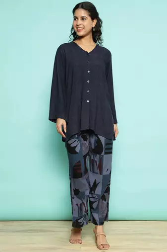 Senorita navy blue modal solid co-ord set - regular fit, full sleeve