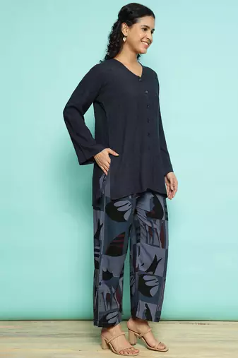 Senorita navy blue modal solid co-ord set - regular fit, full sleeve
