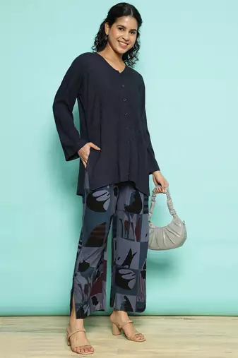 Senorita navy blue modal solid co-ord set - regular fit, full sleeve