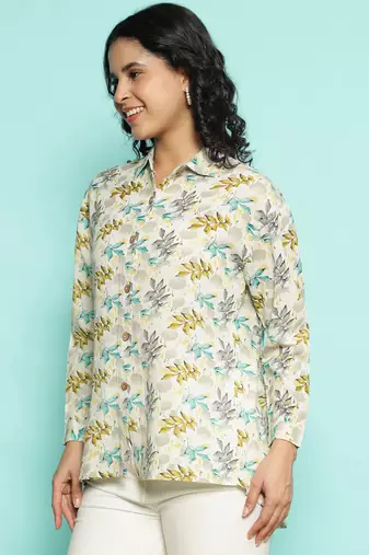 Senorita beige green modal printed shirt, full sleeve