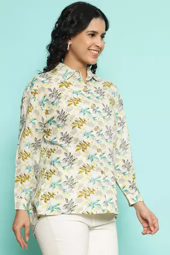 Senorita beige green modal printed shirt, full sleeve