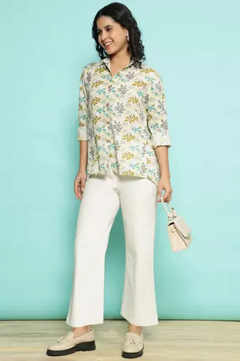 Senorita beige green modal printed shirt, full sleeve