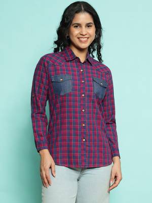 Senorita pink 100%cotton checks shirt, full sleeve 1