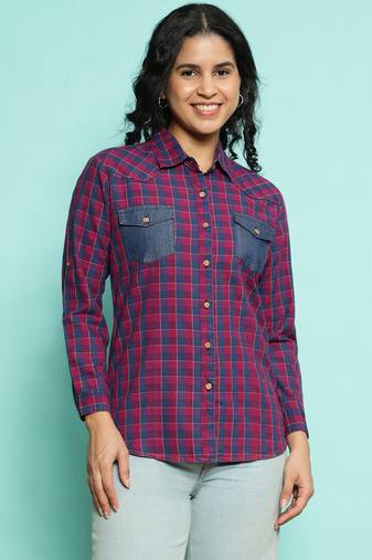 Senorita pink 100%cotton checks shirt, full sleeve