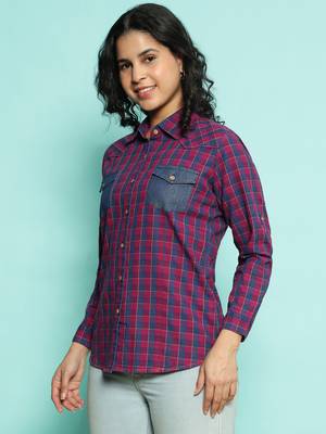 Senorita pink 100%cotton checks shirt, full sleeve 2
