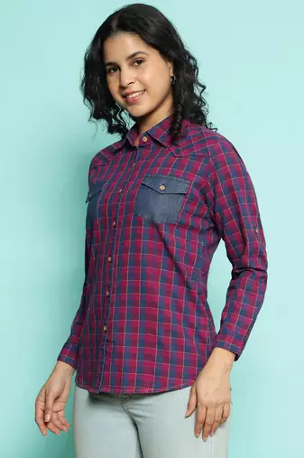 Senorita pink 100%cotton checks shirt, full sleeve