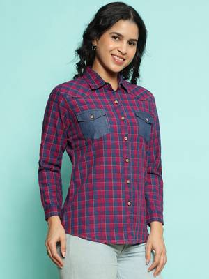 Senorita pink 100%cotton checks shirt, full sleeve 3