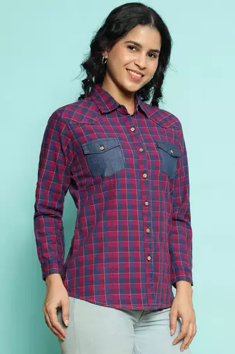 Senorita pink 100%cotton checks shirt, full sleeve