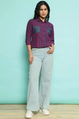 Senorita pink 100%cotton checks shirt, full sleeve
