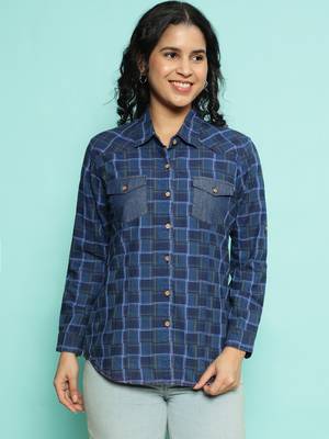 Senorita navy blue 100%cotton checks shirt, full sleeve 1