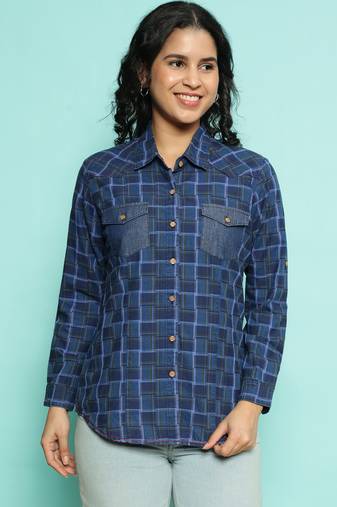 Senorita navy blue 100%cotton checks shirt, full sleeve