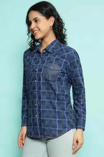Senorita navy blue 100%cotton checks shirt, full sleeve