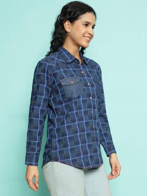Senorita navy blue 100%cotton checks shirt, full sleeve 3