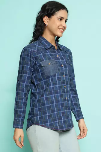 Senorita navy blue 100%cotton checks shirt, full sleeve
