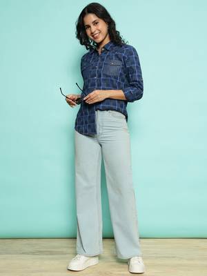 Senorita navy blue 100%cotton checks shirt, full sleeve 5