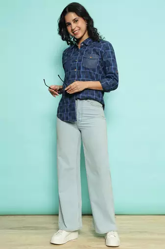 Senorita navy blue 100%cotton checks shirt, full sleeve