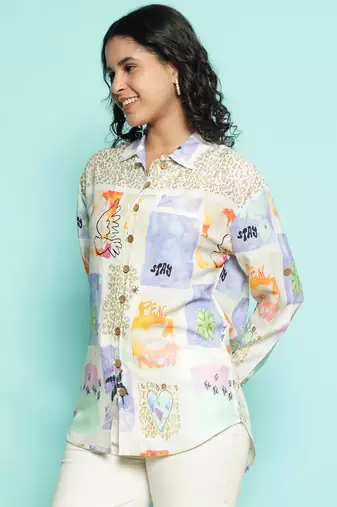 Senorita beige-blue modal printed shirt, full sleeve