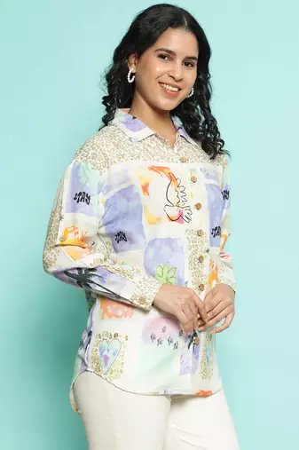 Senorita beige-blue modal printed shirt, full sleeve