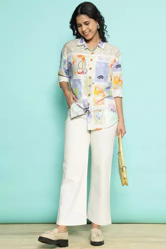 Senorita beige-blue modal printed shirt, full sleeve