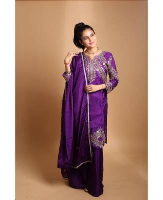 Purple sequin & moti work silk blend salwar kameez set 1